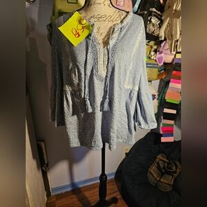 Wonderly Blouse Hippie With Bell Sleeves Size 1x Blue And White With Tassels